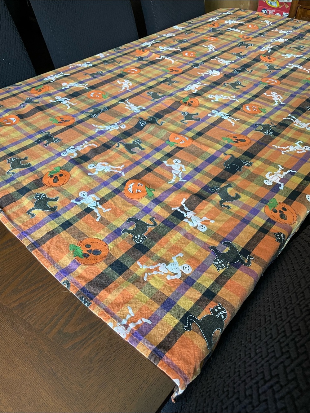 Vintage Halloween Plaid Tablecloth with Pumpkins, Skeletons & Black Cats 14 x 56